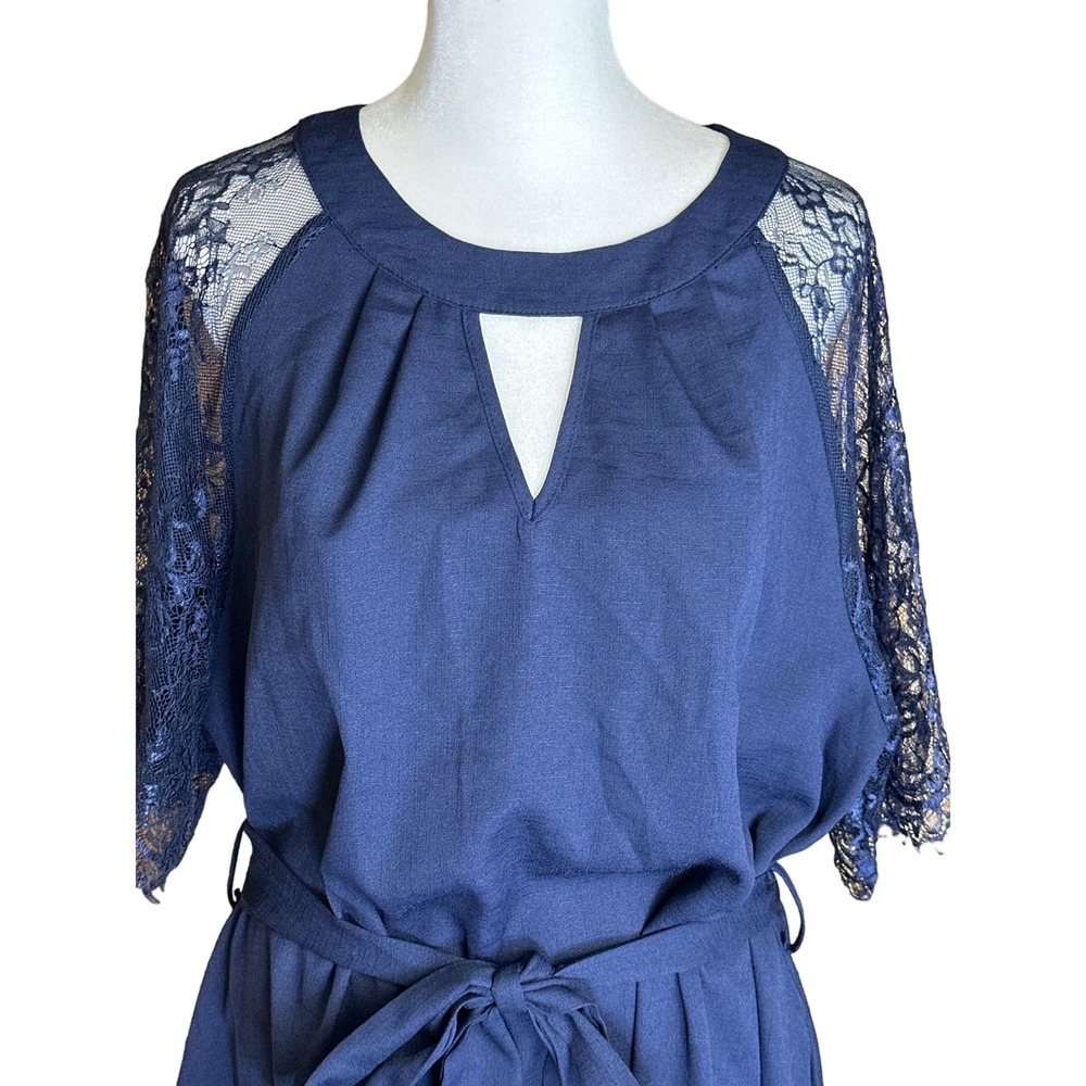Bloomchic‎ Dress Solid Keyhole Round Neck Pocket Lace Sleeves Navy